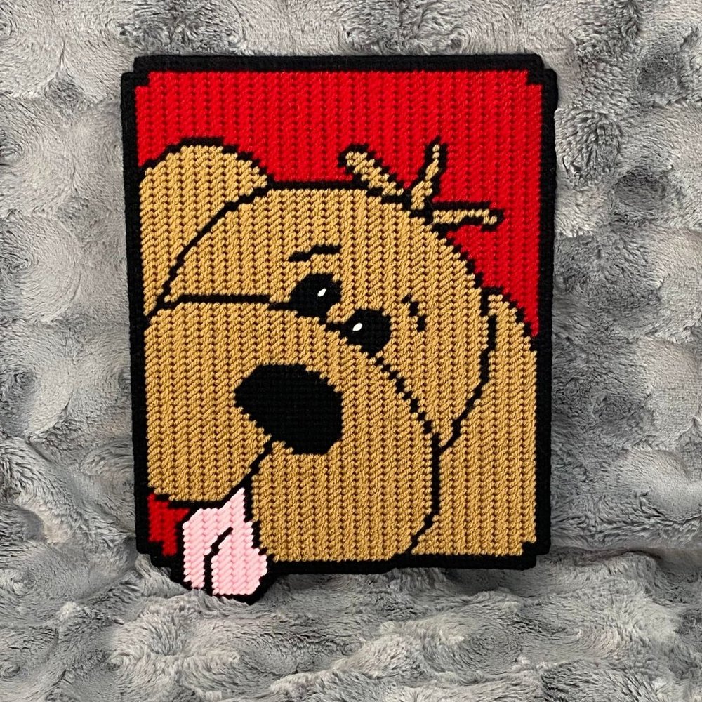 Handcrafted Playful Brown Puppy Dog Needlework Wall Hanging Decor
